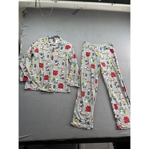 Peanuts Pajama Set Womens Small Gray Christmas Snoopy Charlie Brown Fleece PJs